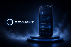 Devlight mobile application security success story visual with smartphone, Devlight logo, and secure digital interface