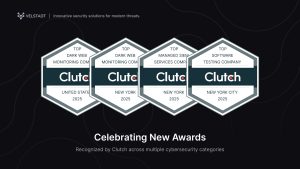 Four Clutch 2025 award badges earned by Velstadt across Dark Web Monitoring, Managed SIEM, and Penetration Testing categories