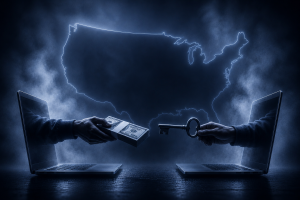 Cash exchanged for a decryption key in front of an outline of the United States, representing ransomware and data extortion.