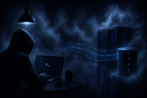Minimal dark-blue illustration of remote code execution, showing a remote attacker using a laptop to interact with a distant server infrastructure through data streams.